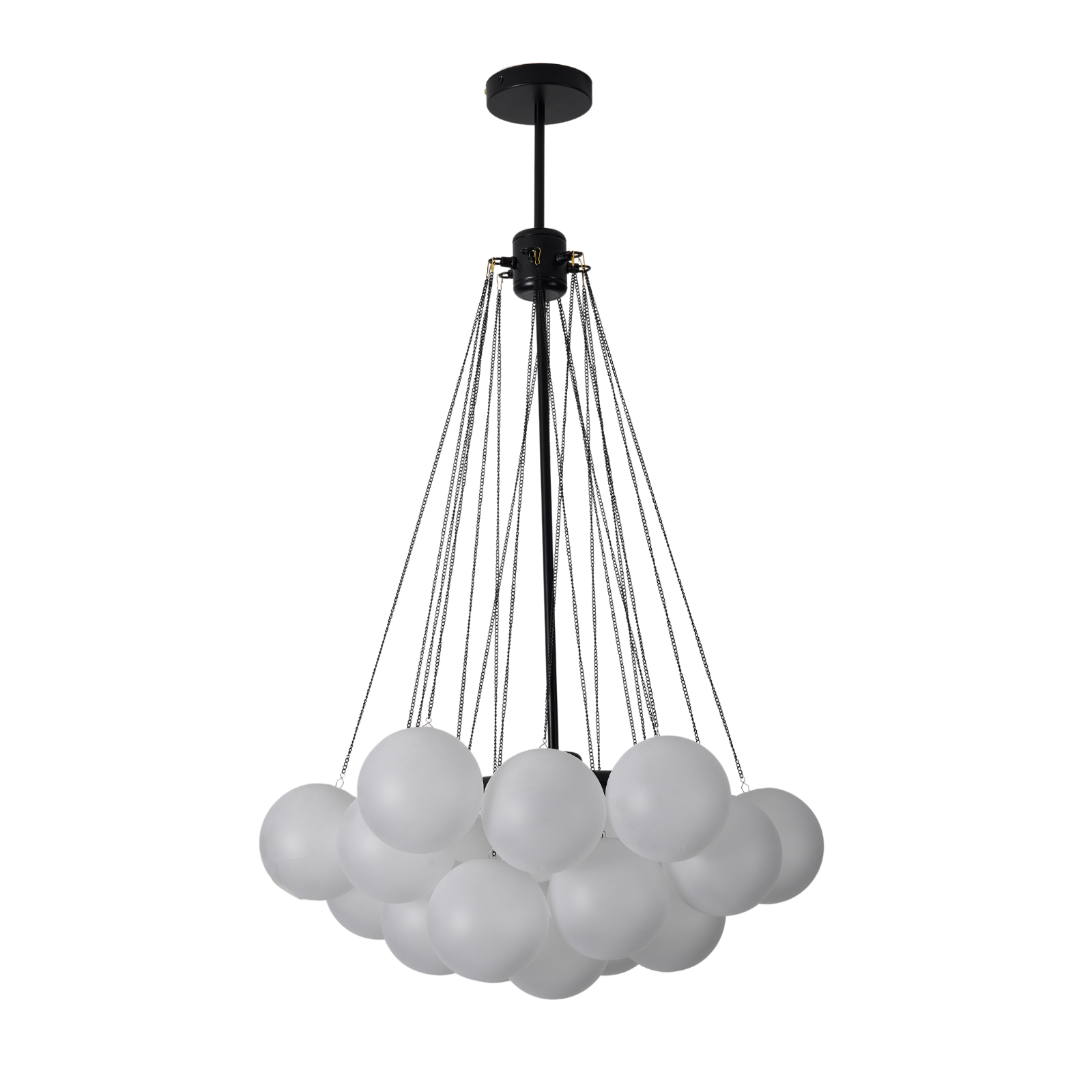 zwarte hanglamp met witte bollen op witte achtergrond